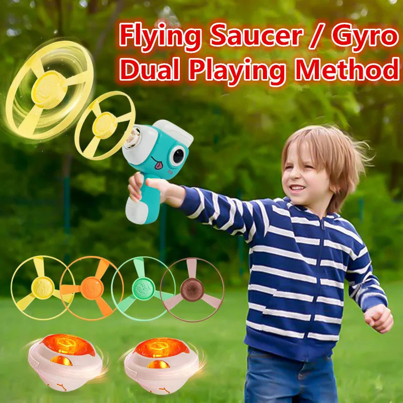 NEUE Kinder Spielzeug Dinosaurier Katapult Spinning Dreh lumineszenz Dinosaurier Fliegen Spinner Gyro Fliegende Untertasse Dual Zweck Jungen Spielzeug