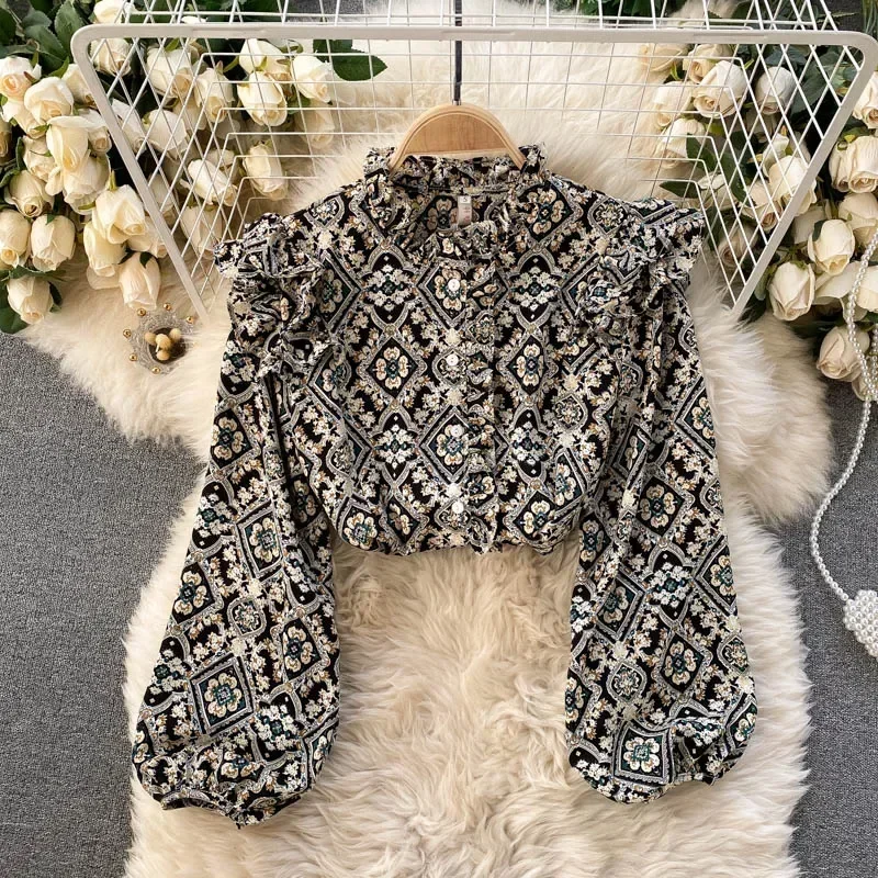 

Spring Autumn Women's Blouse European Retro Round Neck Print Puff Sleeve Top New Loose Casual Female Tops DE379