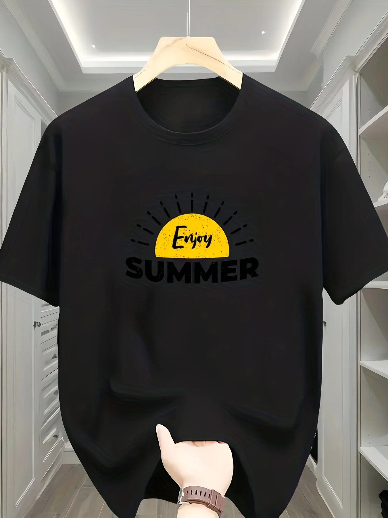A Round-Neck Short-Sleeve T-Shirt Featuring a Yellow Sun Design Along with The Phrase 