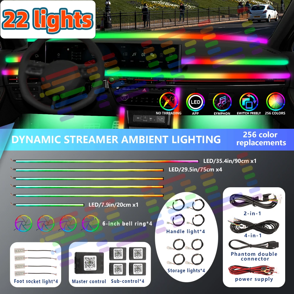 Universal 64 RGB Rainbow Car Interior Ambient Light App Control Auto Symphony Atmosphere Acrylic LED Lamp Strips Lighting 22 in1