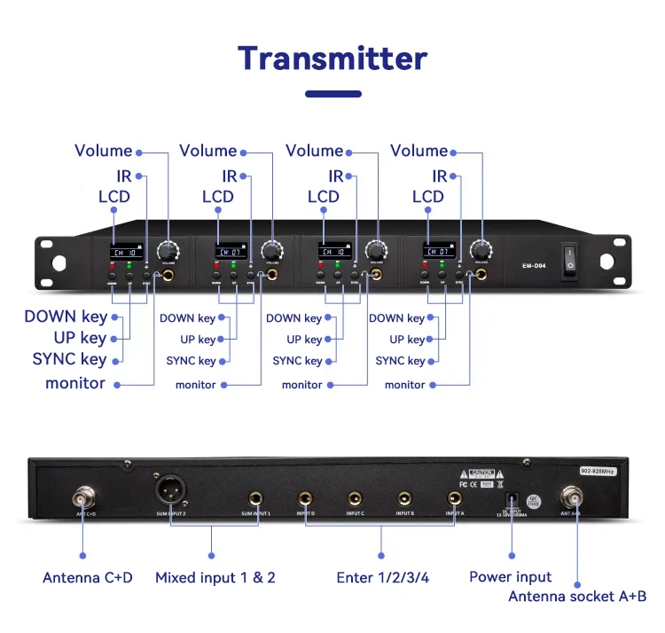 Paulkitson EM-D04 Drahtloses In-Ear-Monitoring-System Drahtloses Bühnen-Return-IEM UHF 4-Kanal 600-937MHz 4 Empfänger für Live-Bühnen – Detail 10