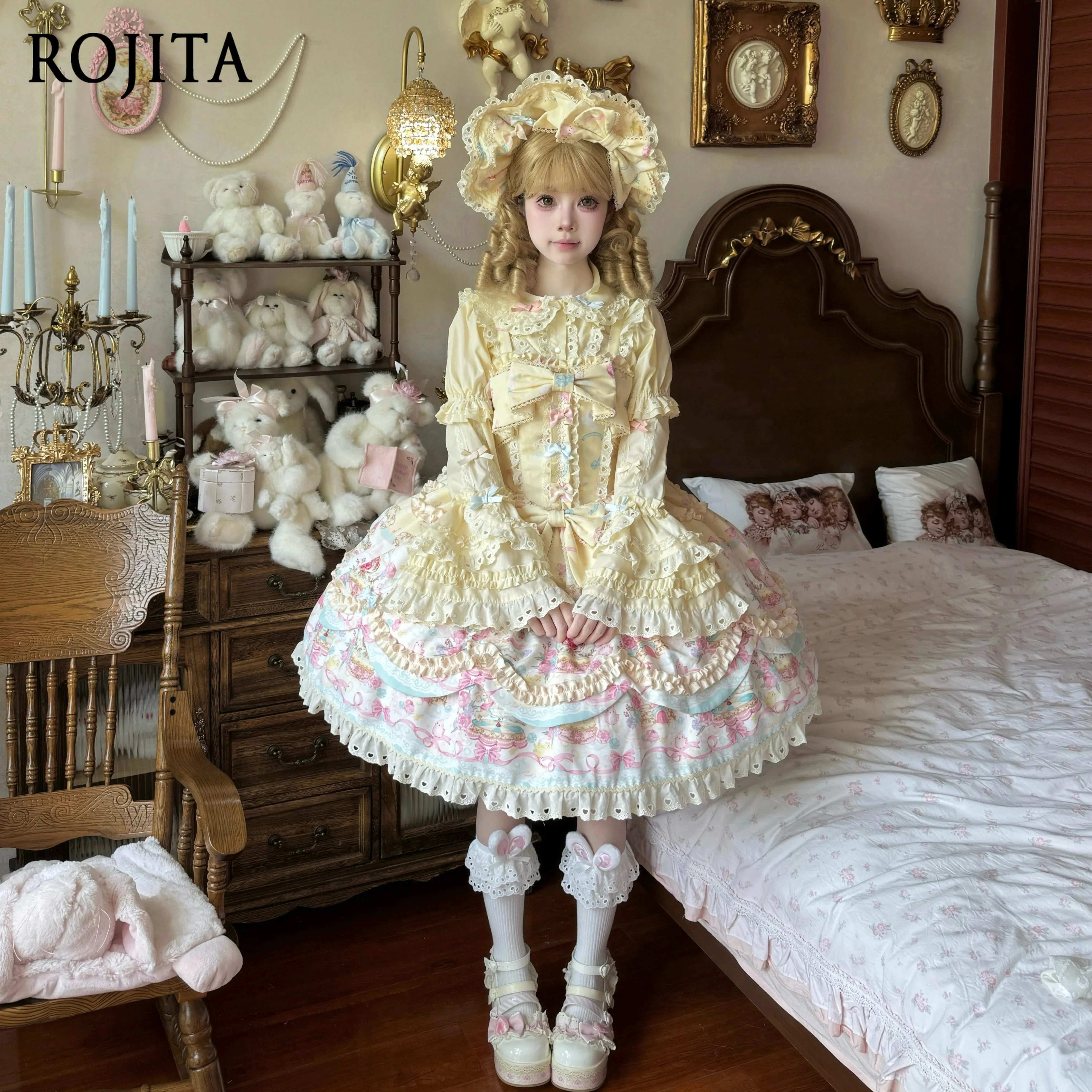 

Doll Feel JSK Dress Cute Cartoon Print Dress Original Lolita Candy Color Short Sleeve Shirt Extended Sleeves Princess Dress Set