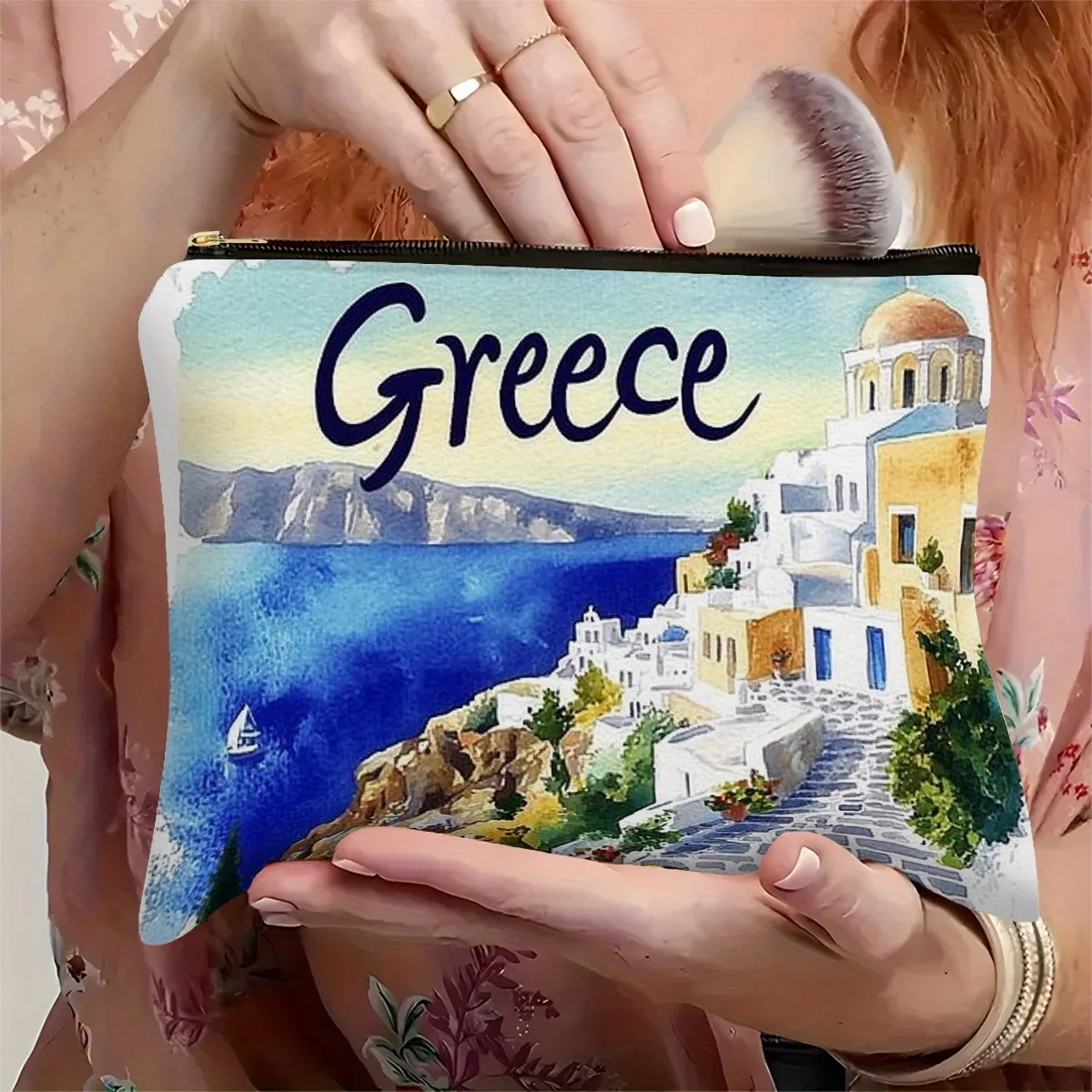 Grécia aquarela saco cosmético azul branco amarelo cidade costeira & parthenon design saco de maquiagem poliéster viagem bolsa de higiene pessoal