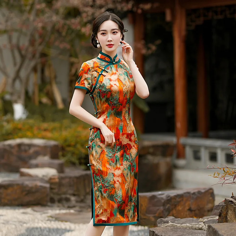 Quality Real Silk Cheongsam Qipao Short Sleeve Improved Retro Dress Chinese Style Chi-Pao