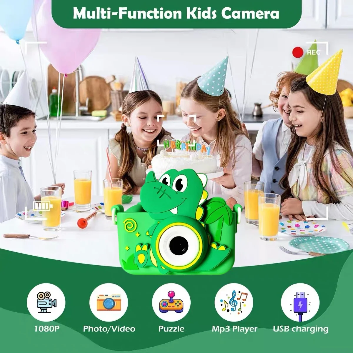 Kids Digital Camera Dual Lens Selfie Video Camera 1080P HD Children Toy Camera With 128GB Silicone Protective Boys Girls Gift
