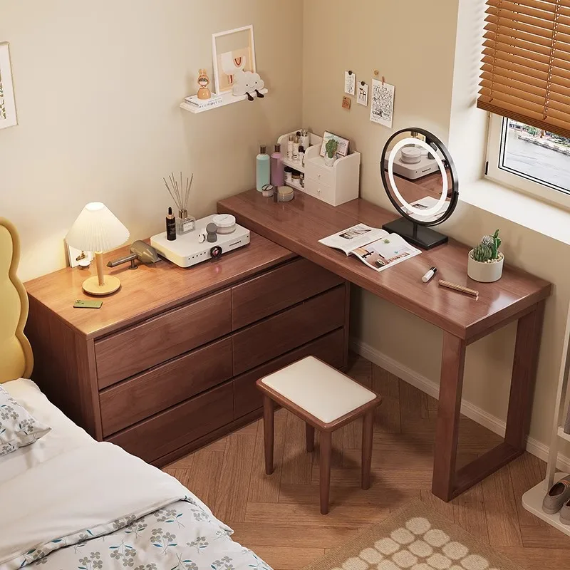 Nordic solid wood dresser, six-bucket cabinet, integrated retractable desk, bedroom, modern simple three-bucket cabinet, bedside