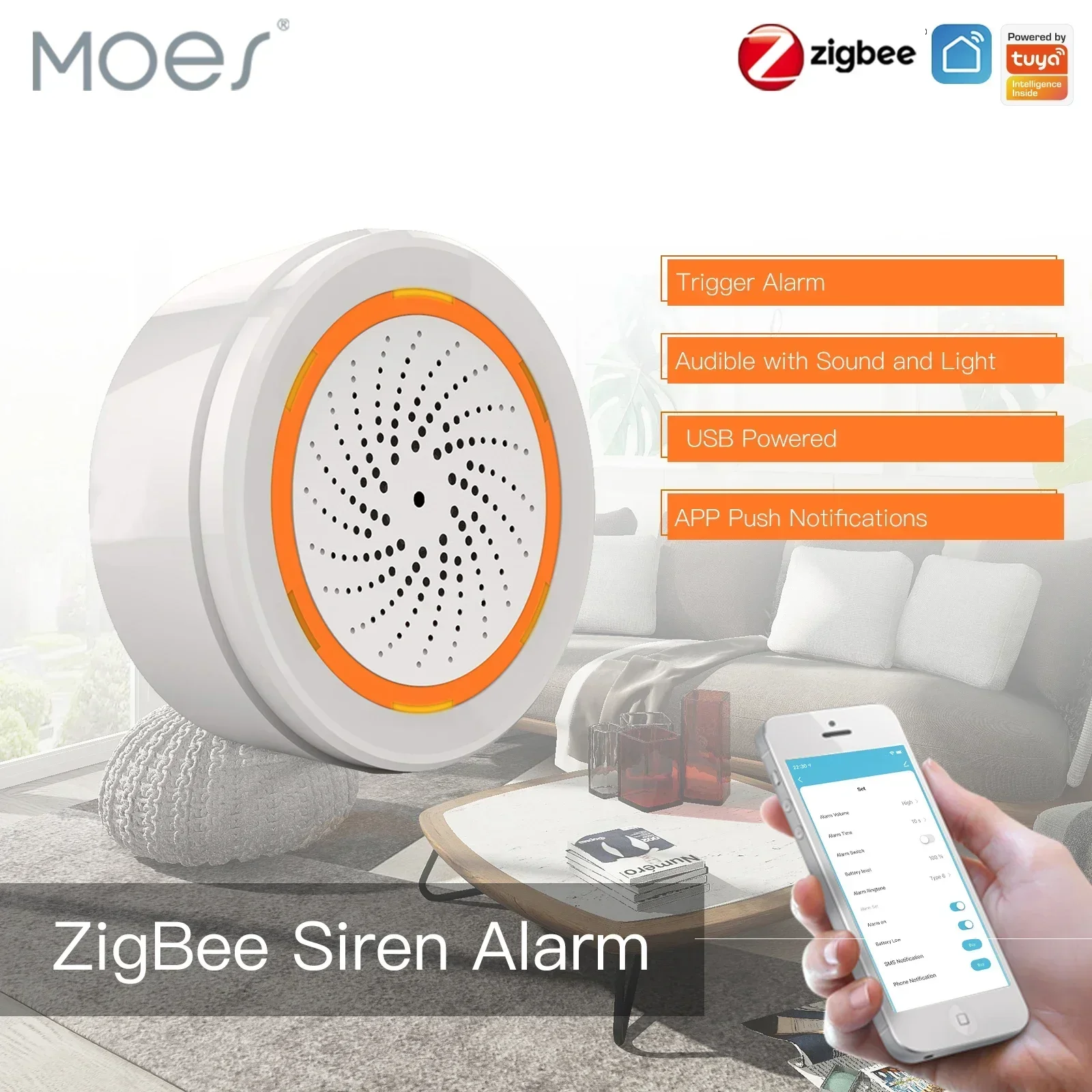 Tuya ZigBee USB Smart Siren Sensor 90dB Sound and Light Wireless Smart Home Security Gateway, App Control work with Alexa Google