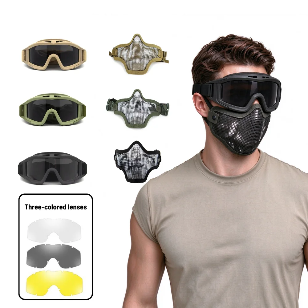 Metal Mesh Tactical Half Face Mask with Explosion Proof Shooting Goggles CS War Game Airsoft Paintball Hunting Accessories