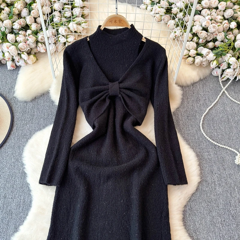 2024 Autumn Two-piece dress Warm Knitted Dress Sets  Criss-Cross Bow Cropped Sweater Tops and Sleeveless Long Dress 2 Piece Sets