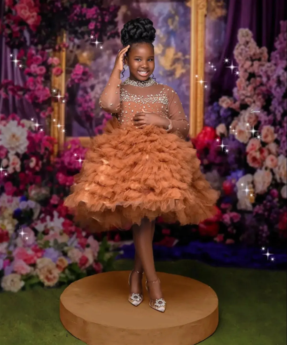 

Luxury Flower Girl Dress for Wedding Ruffle Beading with Bow High Neck Baby Girls Kids Birthday Party Prom Dress Customized