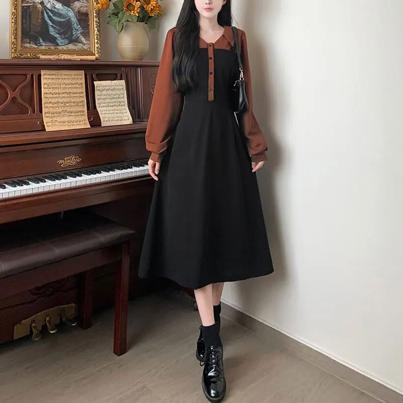 Contrasting Colors Midi Dress V-Neck Female Clothing Patchwork Fashion Button Basic Spring Autumn Elegant A-Line Waist Dresses