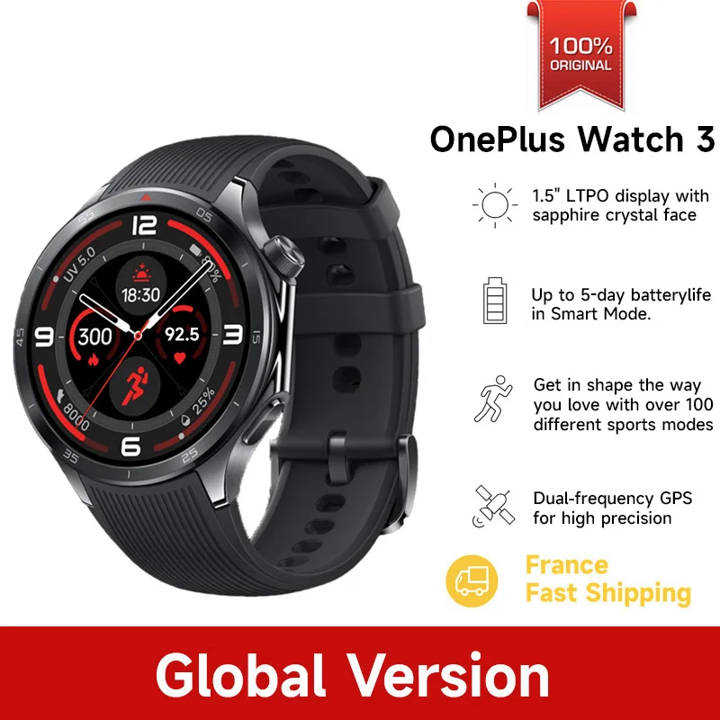 Globale versie OnePlus Watch 3 46MM Smartwatch 1,5 inch AMOLED-scherm 32GB geheugen Snapdragon W5 Wear OS van Google IP68