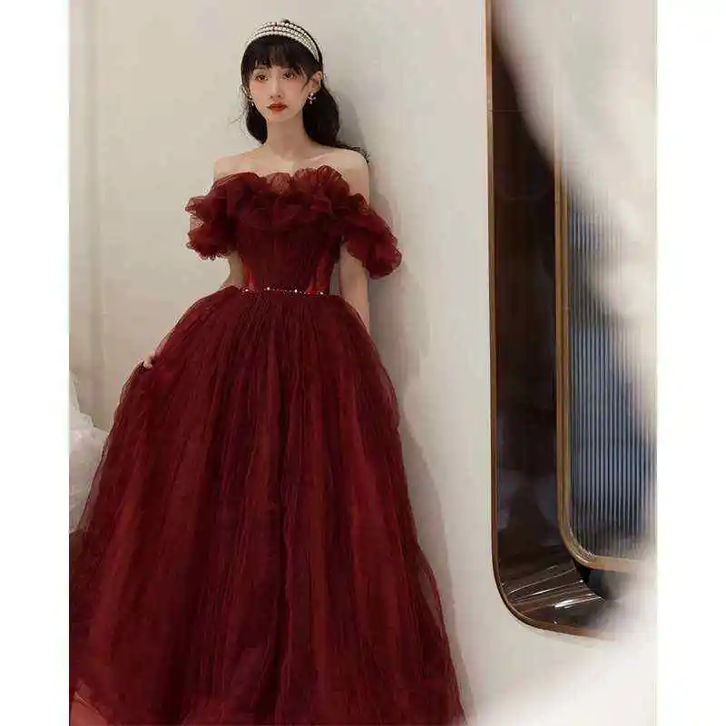 

Ele Wine Red Bridal Toast Dr with French Puffy Yarn High Waist Princ Sve Fi Tail ort Skirt Wedding Dr
