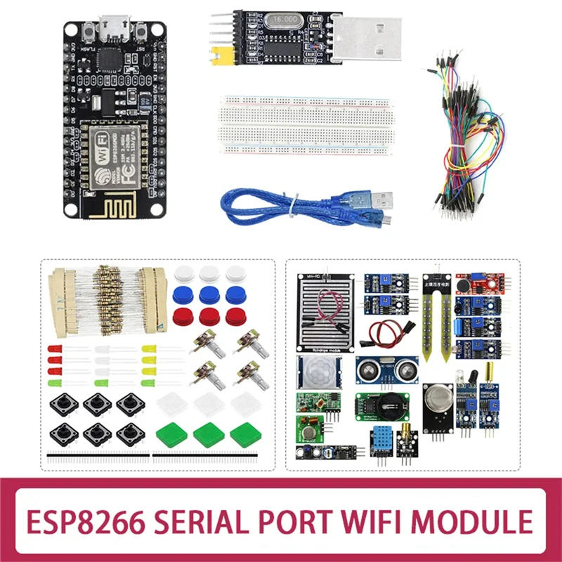 

ESP-12E ESP8266 CP2102 Development Board+16X Sensors+Component Package+USB To Serial Port Module+65 Jumper+Bread Board