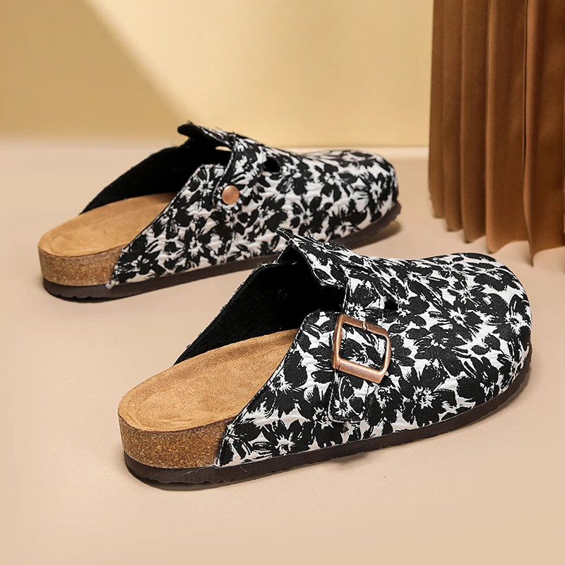 Black Flowers Mules Closed Toe Slides Sandals Half Shoes For Men Backless Loafers Slippers Oepn-Back Casual Shoes Slip On Flats