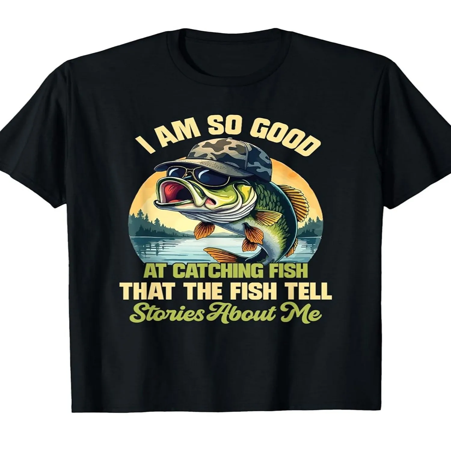 Funny Fishing TShirt I Am So Good At Catching Fish That The Fish Tell Stories About Me Slogan with Jumping Fish Graphic Soft Breathable Relaxed Fit Men's Casual Humorous Angler Gift, PLUS SIZE 100% cotton t shirt, Gift tshirt