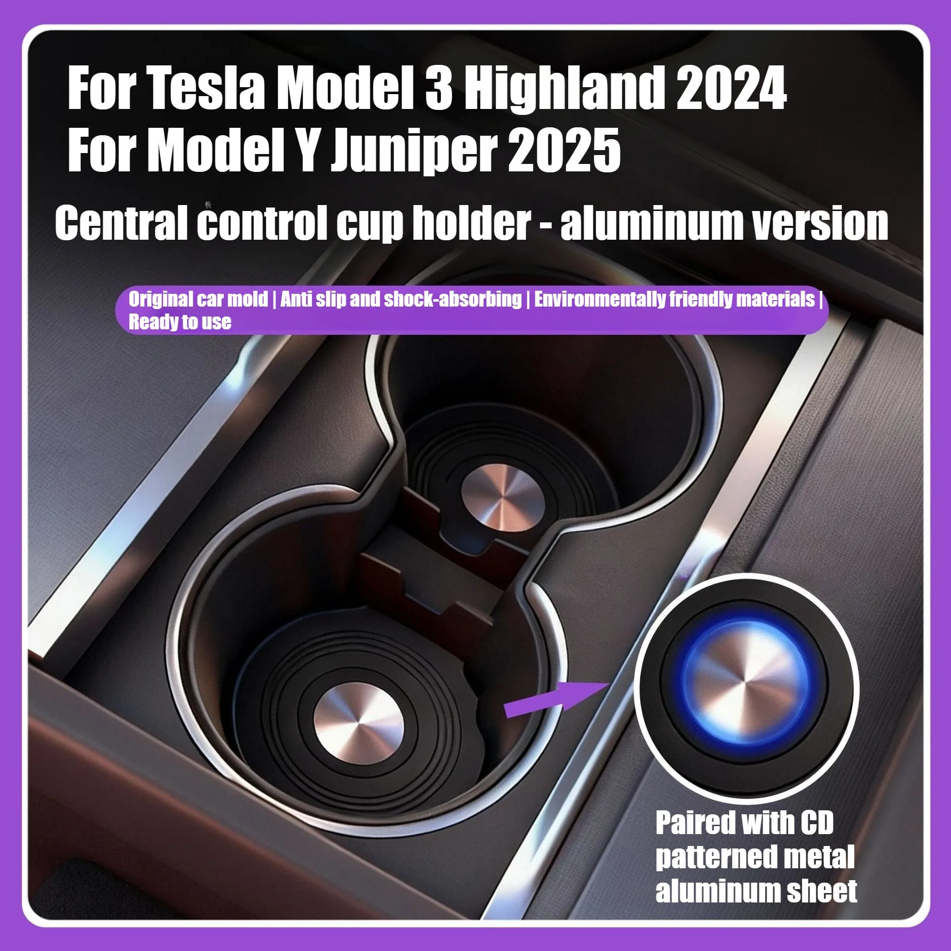 Center Console Cup Holder For Tesla Model 3 Y Juniper 2026 Highland CD Patterned Aluminum Plate Limiter Auto Interior Accessorie