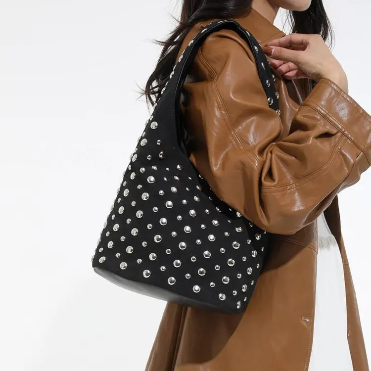 

2026 New Polka Dot Studded Bucket Tote Bag, Adjustable Underarm Shoulder Bag, Spacious Work Commute Purse for Women