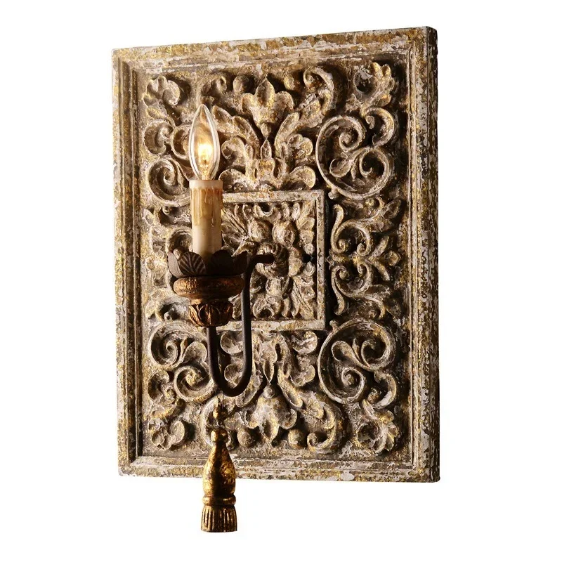 Vintage rural woodcarving Castilian wall lamp bedroom bedside lamp living room TV background wall decoration lamp