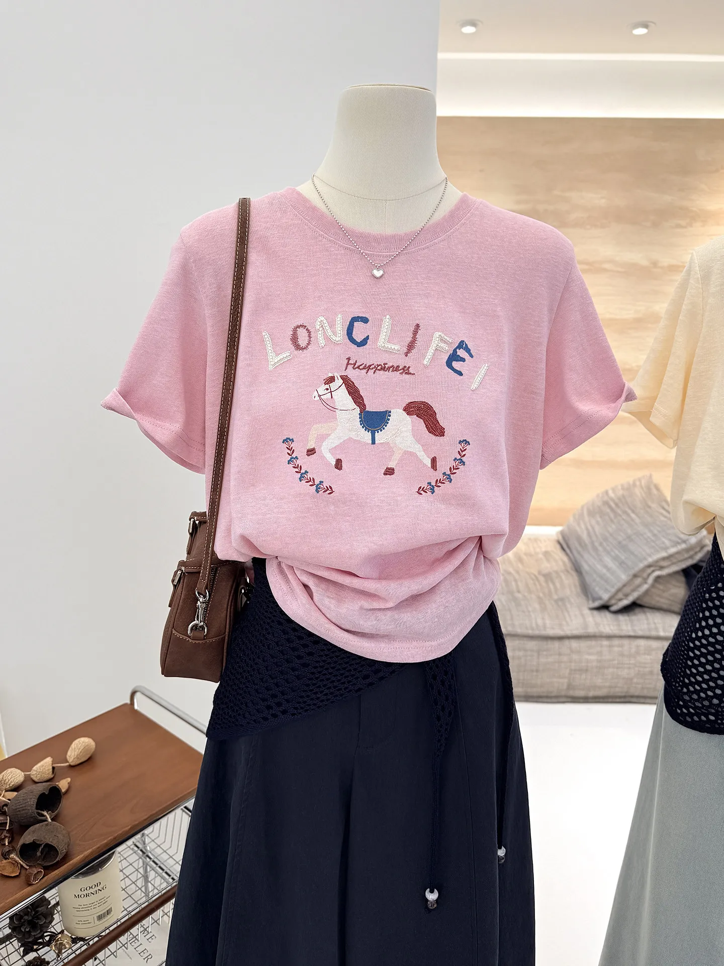 Camiseta de manga corta con estampado de dibujos animados para mujer, Top fino y holgado de verano con cuello redondo, Top antiedad de algodón y Lycra