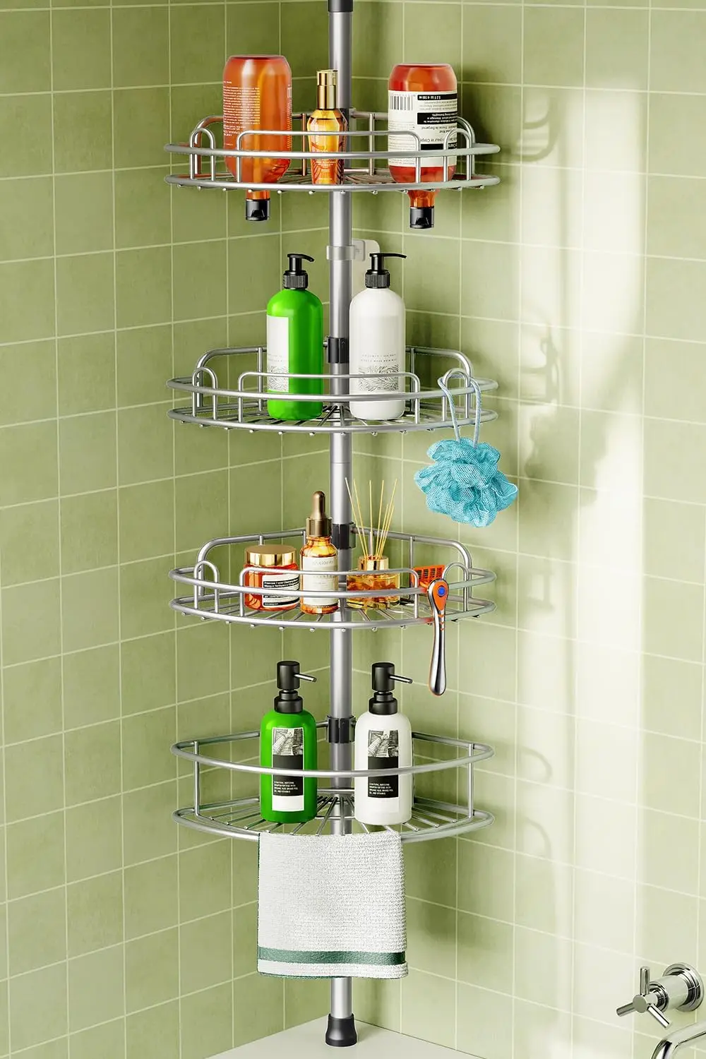 

Adjustable 4-Tier Corner Shower Caddy Tension Pole - Rust-Resistant, No-Drill Installation, Space-Saving Storage for Bathroom