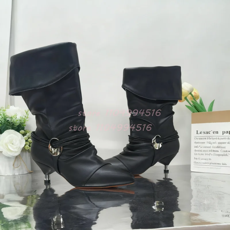 

Fringe Metal Decor Thin Heel Short Boots Women Pleated Pointed Toe Ankle Boots Fashion Trendy Autumn Winter Party Lady Footwear