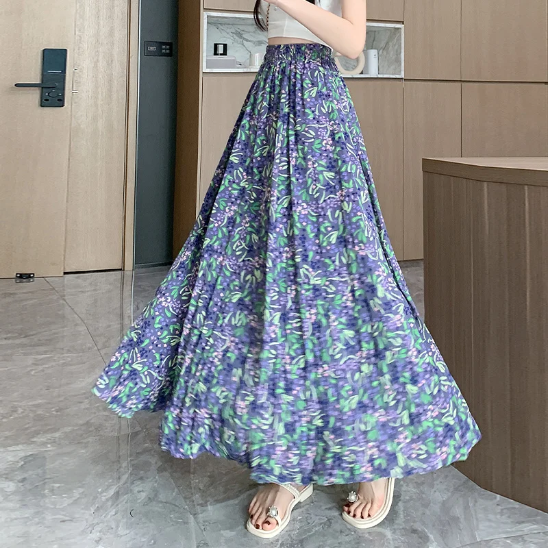 

High Waist Floral A-Line Midi Skirt Women's Loose Flowing Gown Vintage Purple Asymmetrical Hemline Polyester Fabric Long Dr