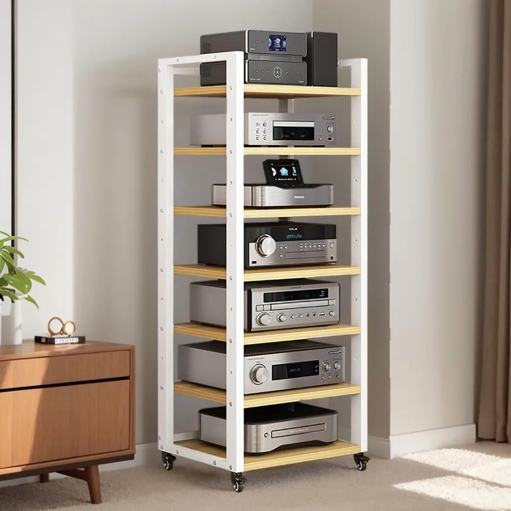 

7-Tier AV Media Stand, Audio Rack Stereo Cabinet, Adjustable Media Storage Shelves with Wheels, CD Player Video Game Console She