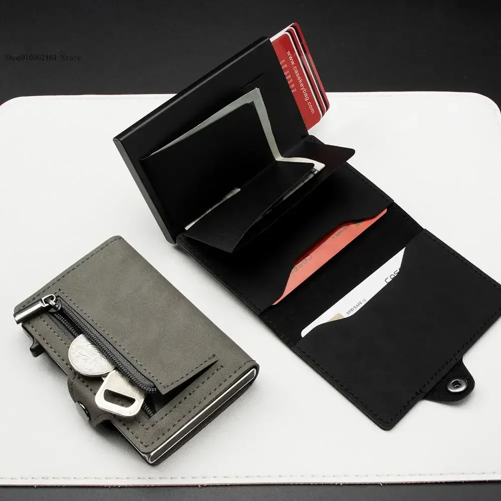 Causal Simple Mini Aluminum Automatic Card Holder for Women Men Wallet Minimalist Leather Wallet Blocking