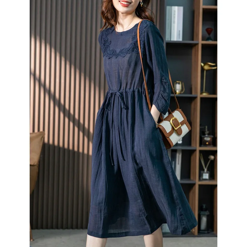 Ladies Dress Superior Quality Summer O Neck Solid Color Cotton A Line Long Sleeve Dresses Vestidos Dropshipping ASMW9906A143D6