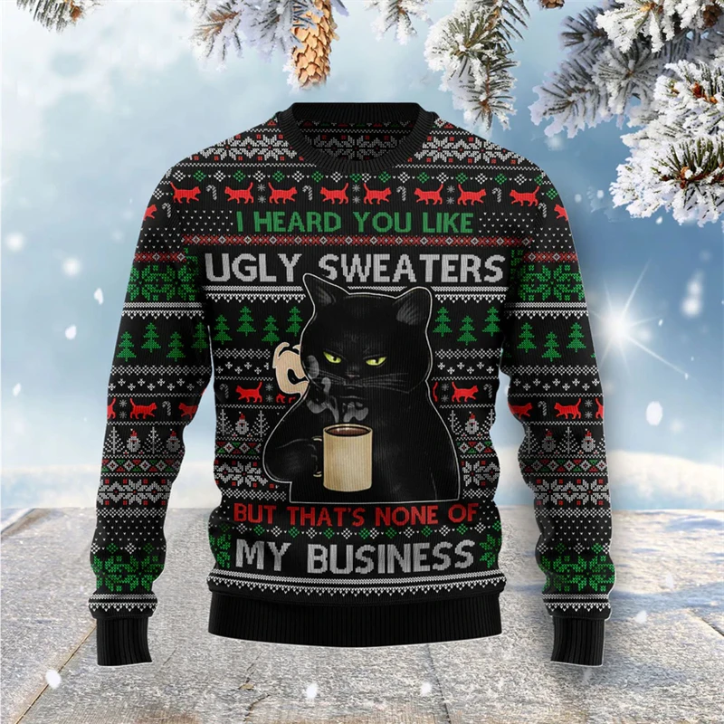 

Cute Cat Pattern Ugly Christmas Sweater For Men Autumn Winter Crew Neck 3D Printed Holiday Sweatshirts Loose Breathable Pullover