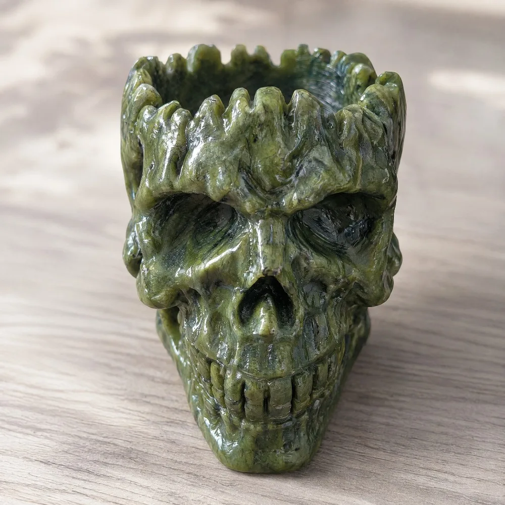 1pc Rare Xiuyan Jasper Skull Container Carving, Mineral Speciman, Large Green Crystal Skull Decorative
