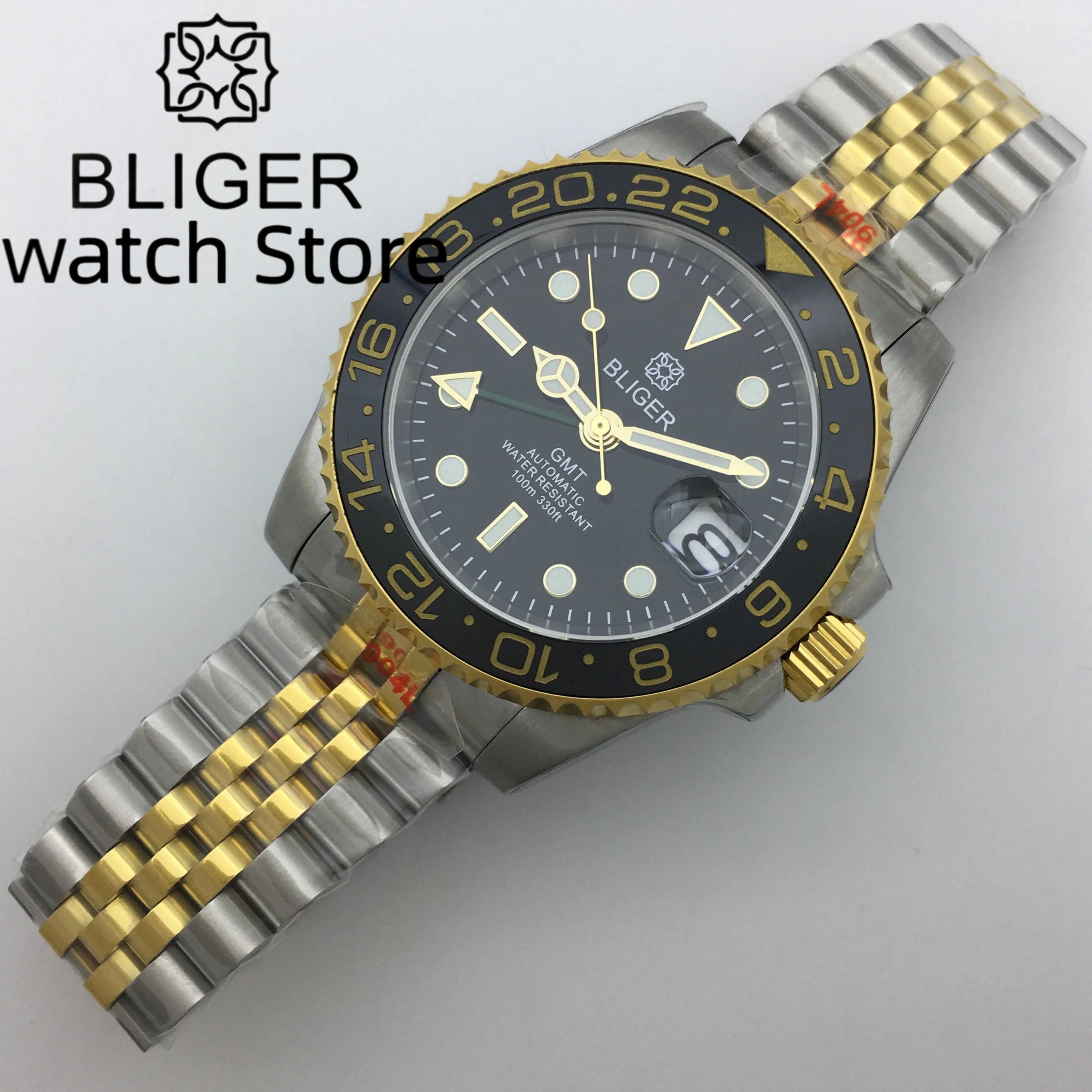 Bliger40mm Gold Silver Case Automatic Men's Watch Sapphire glass NH34 gmt Automatic Date Window Metal strap Ceramicluminousbezel