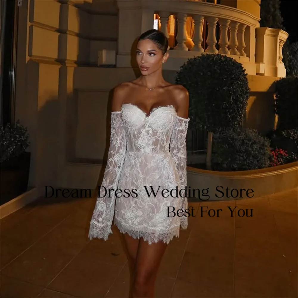 حلم الدانتيل الحبيب غمد فستان زفاف قصير المرأة 2025 كم طويل قبالة الكتف فستان زفاف Vestido De Novia مخصص