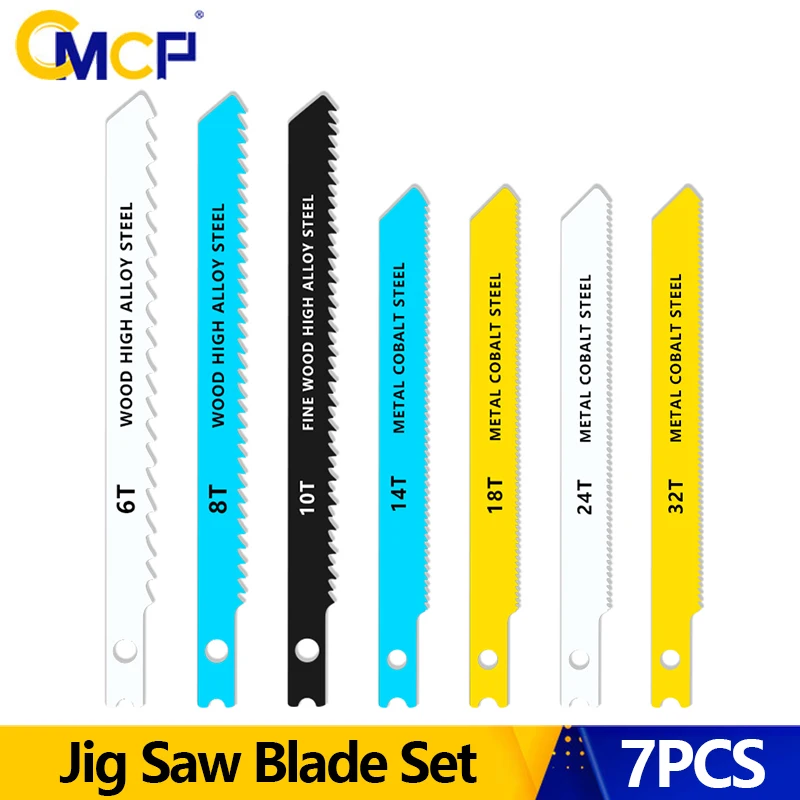 

CMCP 7pcs U-shank Jig Saw Blade Set High Carbon Steel Assorted Saw Blades with Sharp Fast Cut Down Jigsaw Blade Woodworking Tool