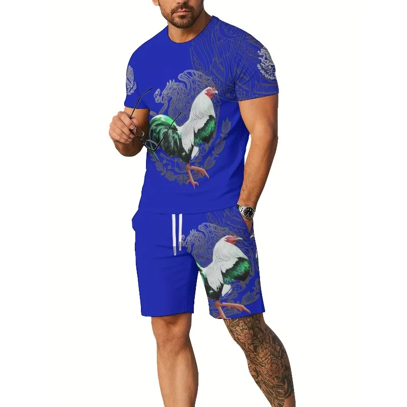 2025 New Summer Round Neck T-shirt Fashion 3D Digital Printed Chicken Pattern Men's Shorts Short Sleeve Set Two Piece Set