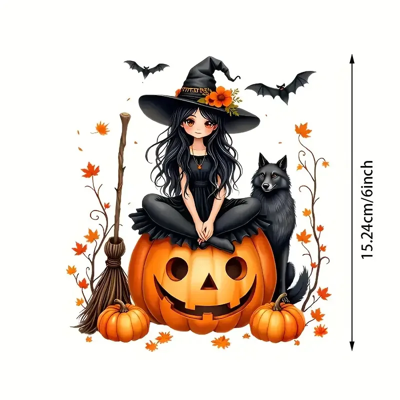 1PC Halloween Witch Vinyl Decal – Gothic, Pumpkin/Bat/Hound – Easy Peel – For Cars, Laptops, Trucks, Windows & Walls Party Decor