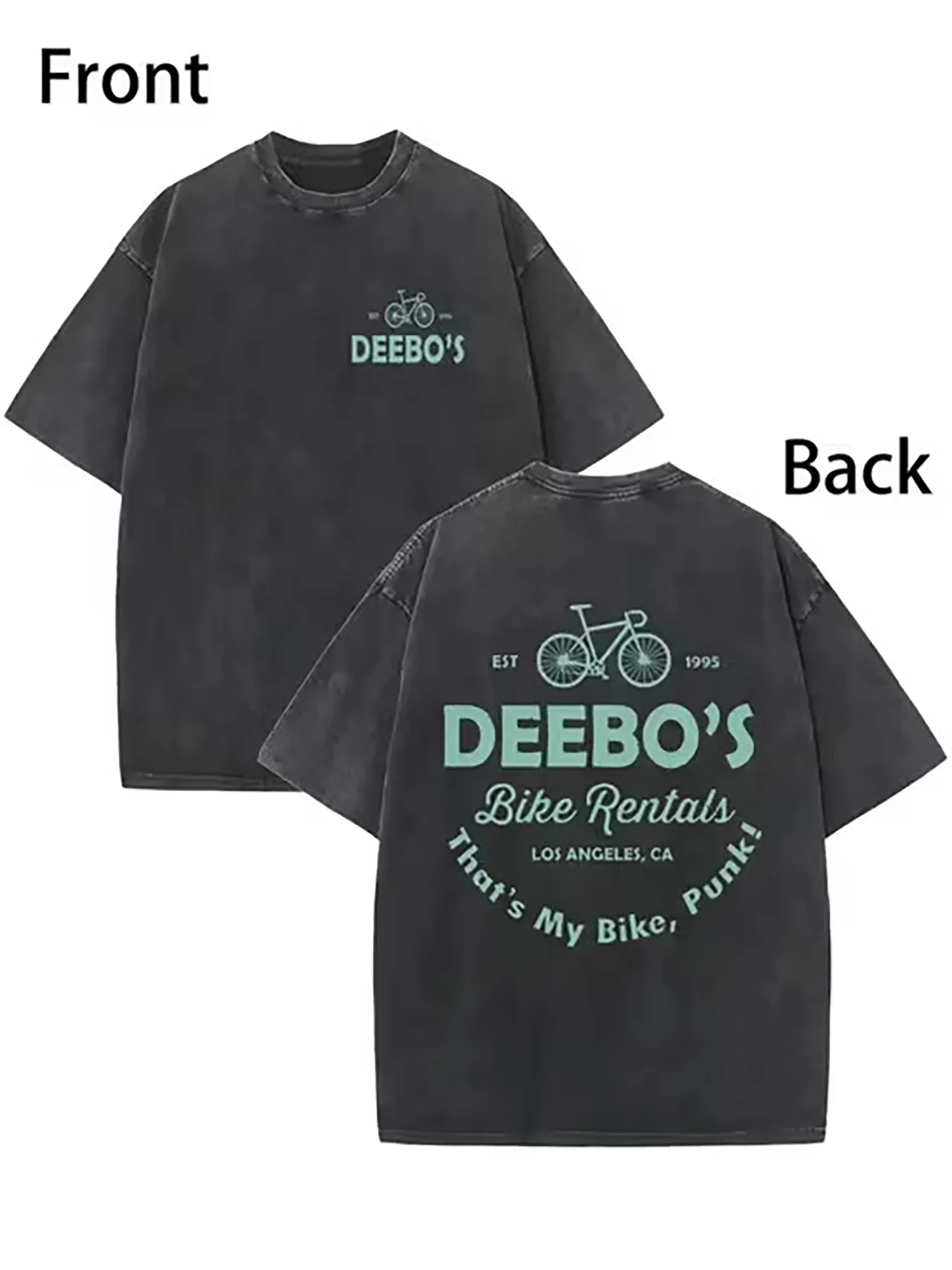 100% Vintage Black Extra Large Short Sleeve T-Shirt, Cigar Line Art Bike'DEEBO 'Chest Print, Large Full Back Pattern EST 1995 Road Bike, DEEBO's ', Bike Rental ', Los Angeles, CA ', This Is Not My Bike, Punk! 'Faded Acid Street Style T-Shirt