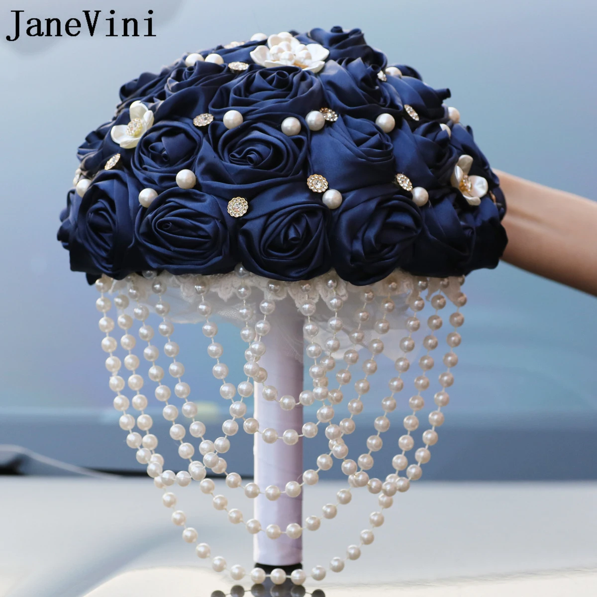 JaneVini Navy Blue Pearl Bouquet for Bride Flower Ribbon Roses Waterfall Crystal Beaded Wedding Bouquets Bridal Ramos Para Novia