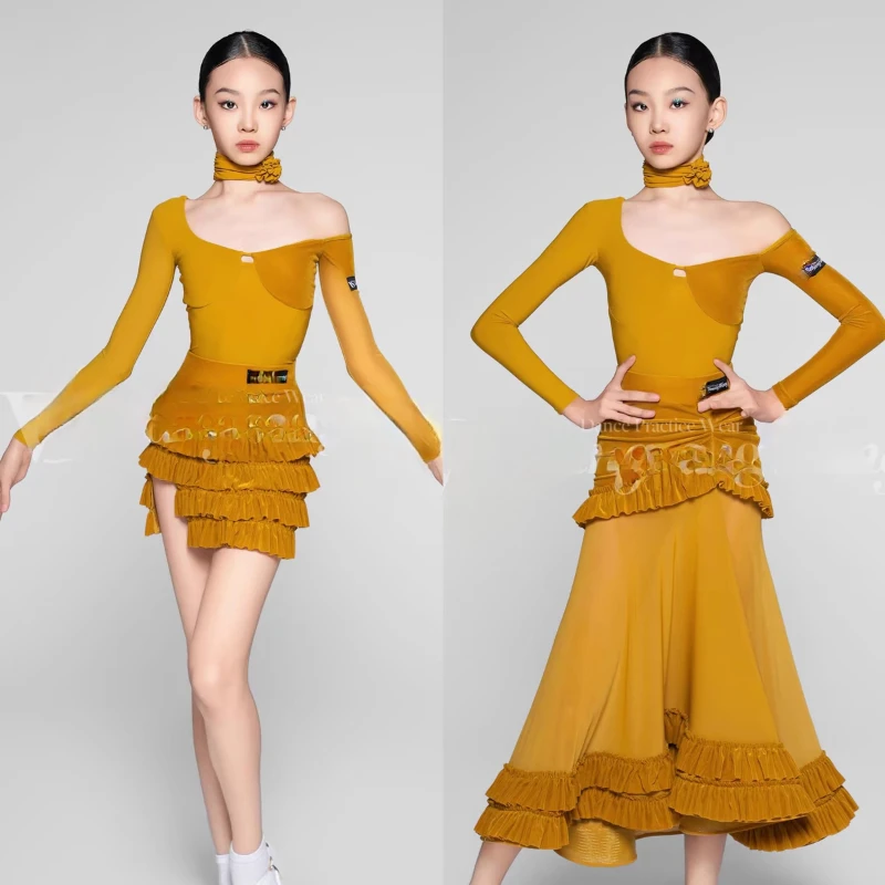 

Новые детские латинские танцы, осенне-зимняя бархатная одежда с длинными рукавами и цветочным принтом на плечах, элегантная тренировочная одежда, современный танец