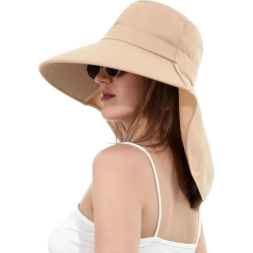 

Womens Sun Hat Wide Brim with Ponytail Hole Neck Flap Outdoor UV Protection Foldable Fishing Cap