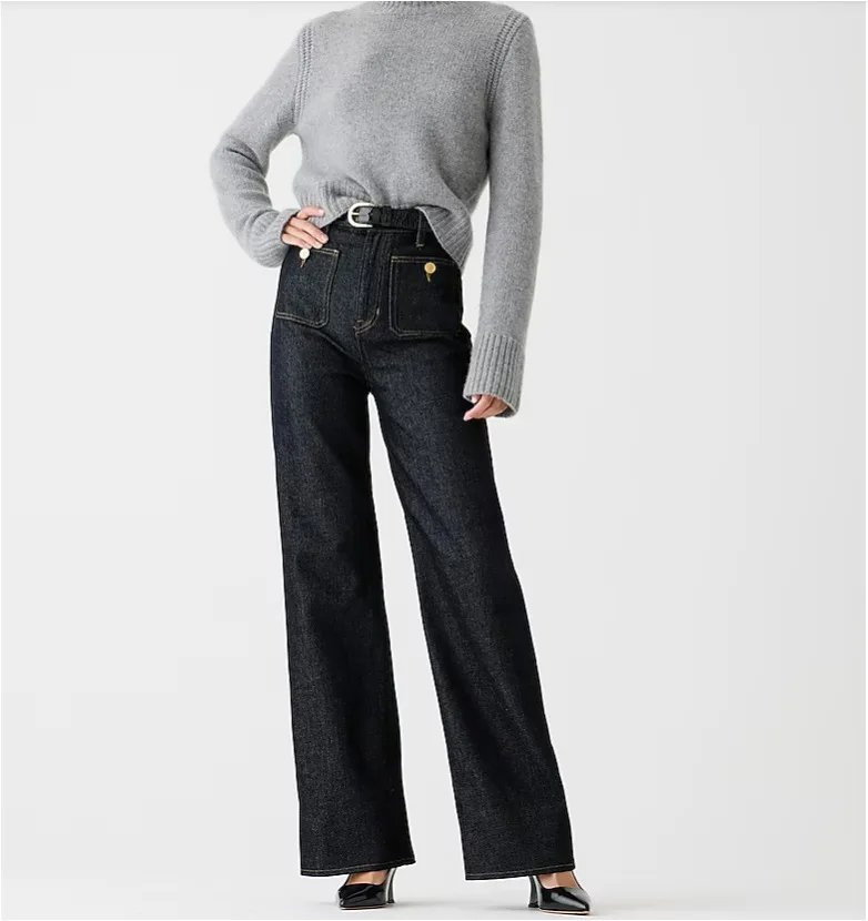 Women's Jeans Denim Pants Clothing New Loose Wide Leg Casual Bleached Button Slightly Flared Jeans Full Length