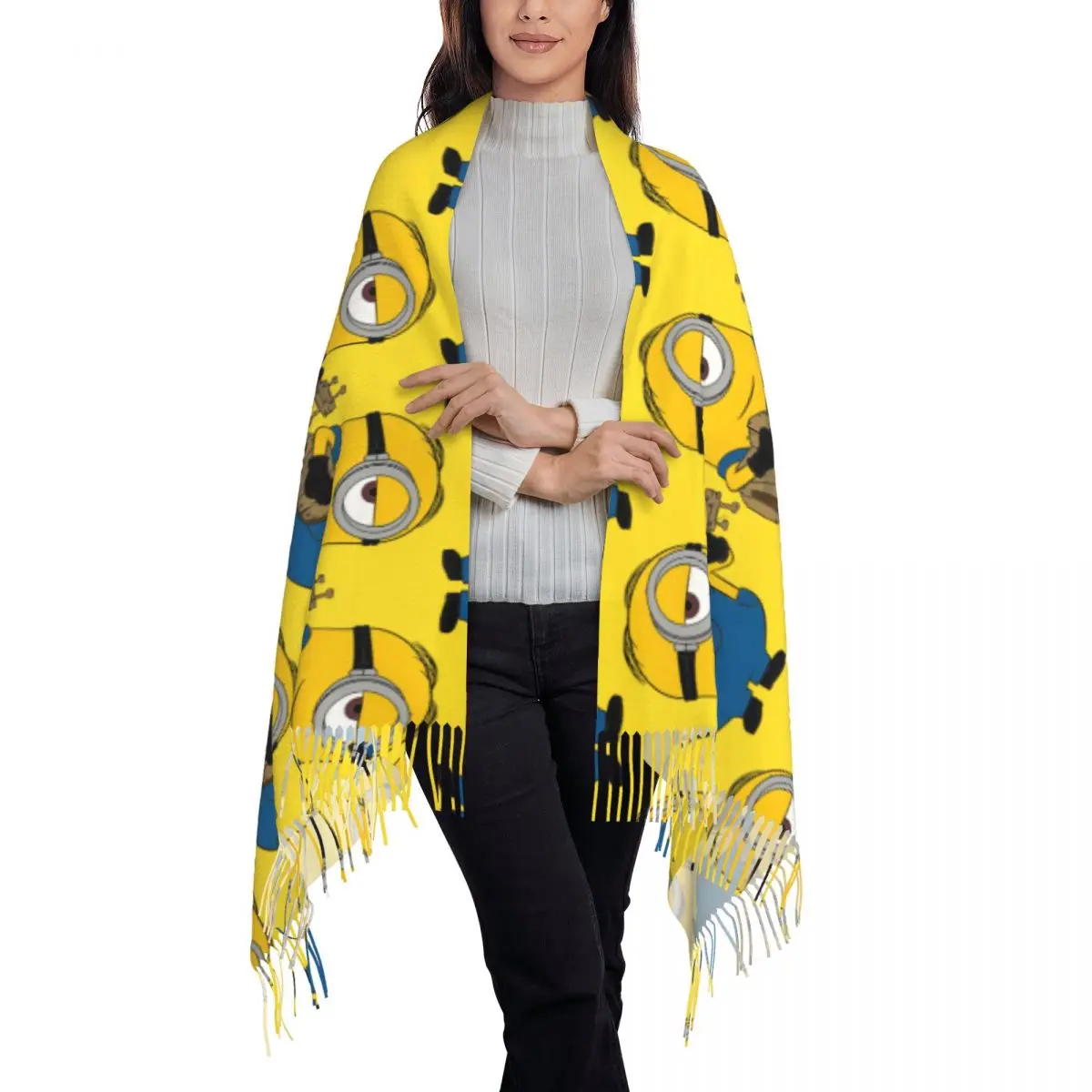 In Autumn Winter Play Guitar Hijab Minion Despicable Me Simple Poncho Gift Ladies With Tassel Outwear