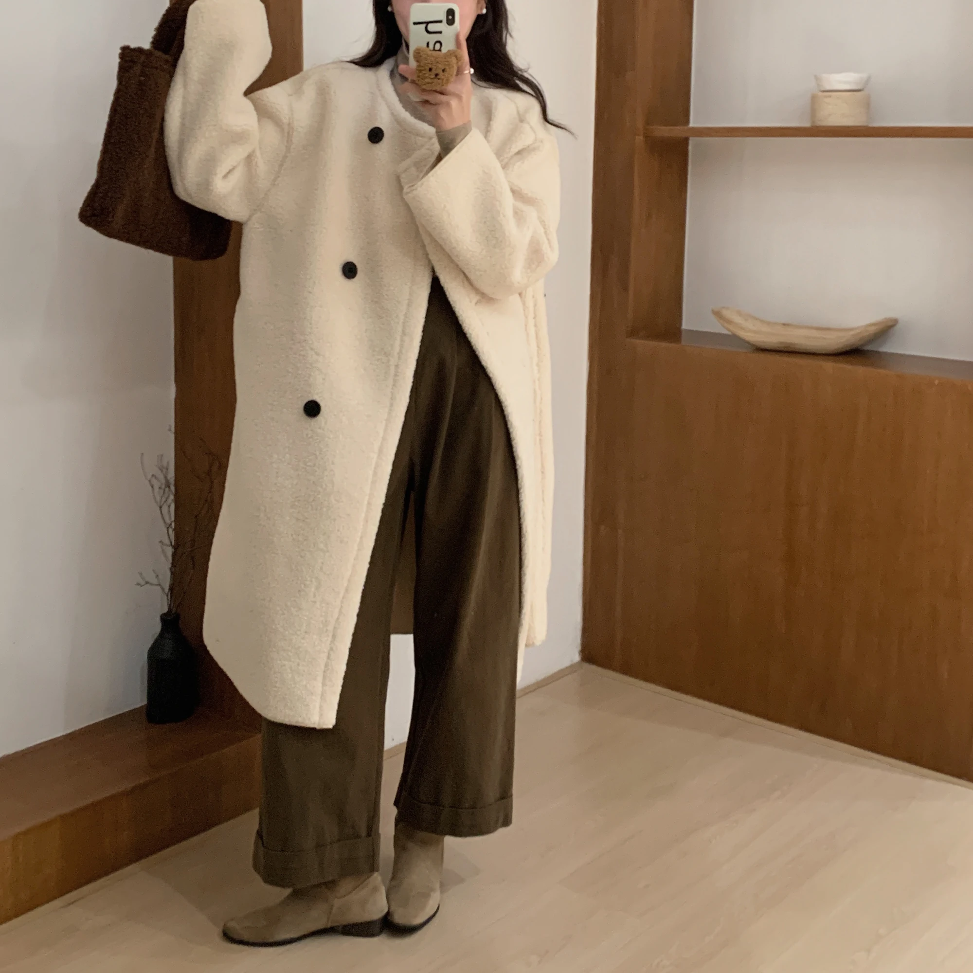 معطف نسائي طويل من الفرو للخريف والشتاء أنيق فضفاض بزر مزدوج ملابس خارجية كورية ملابس خارجية دافئة للمدرسة والشارع Sle #4