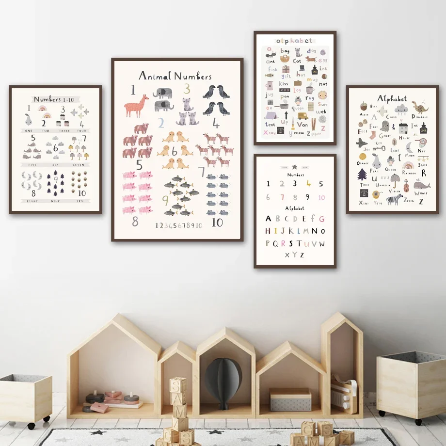 

Cartoon Alphabet Animals Number Wall Art Canvas Nursery Nordic Posters Baby Kids Room Decor Pictures