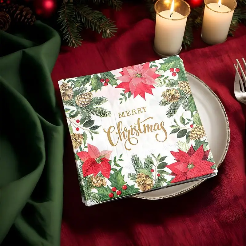 Printed Paper Napkins Christmas Printed Flower Guest Tissue Paper 33x33cm/12.99x12.99 Inches Christmas Hand Towels Decorative