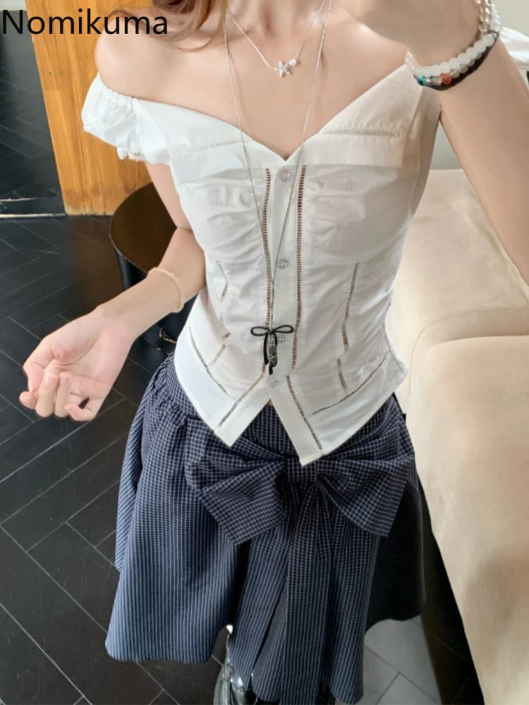 

2 Piece Set Women Clothing Skirt Outfits Puff Sleeve Slash Neck Tunic Sexy Blouse Bandage Bow Plaid Skirts Suit Chic Summer Set