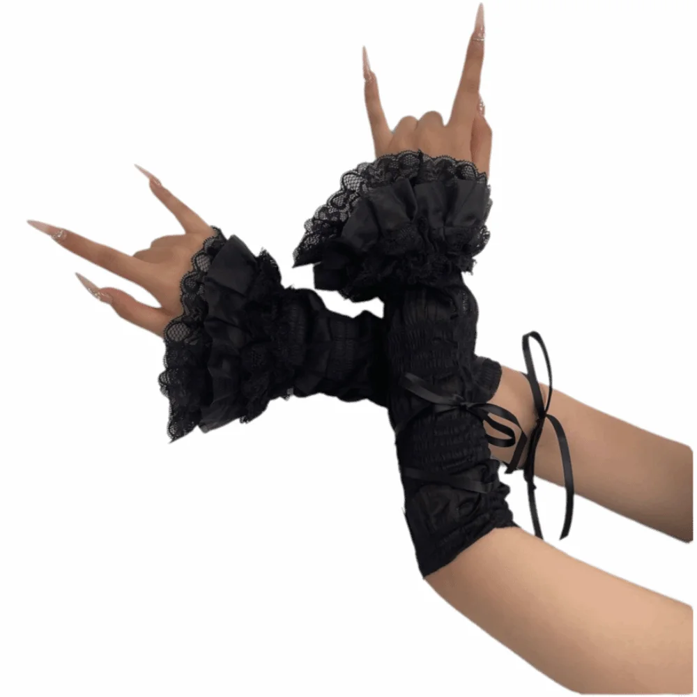 Puños de brazo de fibra acrílica con lazo, decorados con lazo, transpirables, calentadores de brazo estilo Lolita, cubremanos de tela fina para ballet, accesorios para vestuario de ballet.