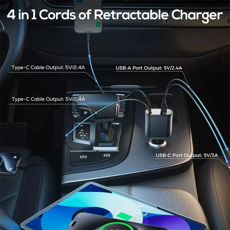 New 120W 4 In 1 Retractable Car Charger USB C For     Fast Charging Cable Cigarette Lighter Adapter view 6
