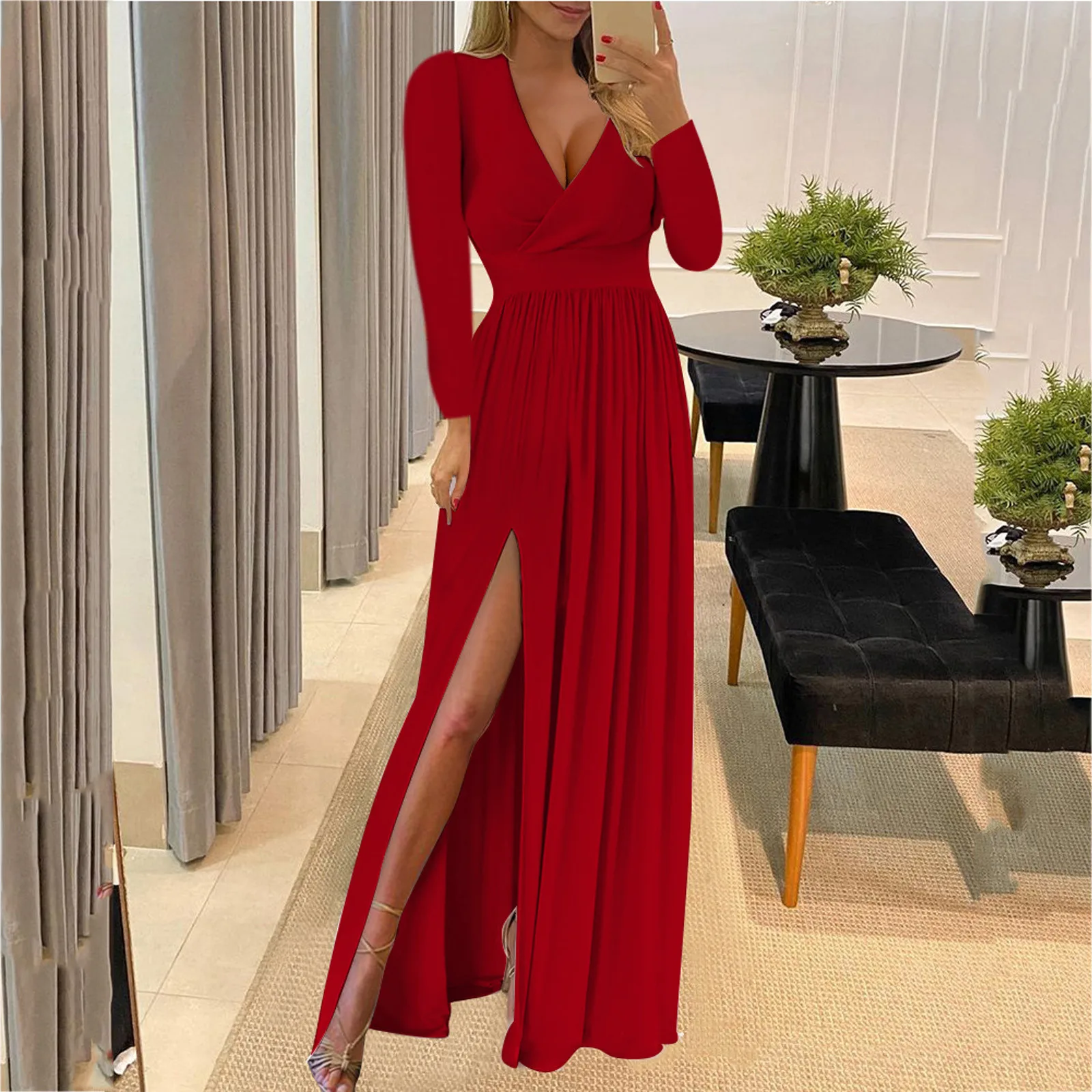 Women Sexy Evening Dresses Long Sleeve V-Neck Solid Color Dress Hem Split Irregular Prom Party Temptation Pleated Dresses Robe